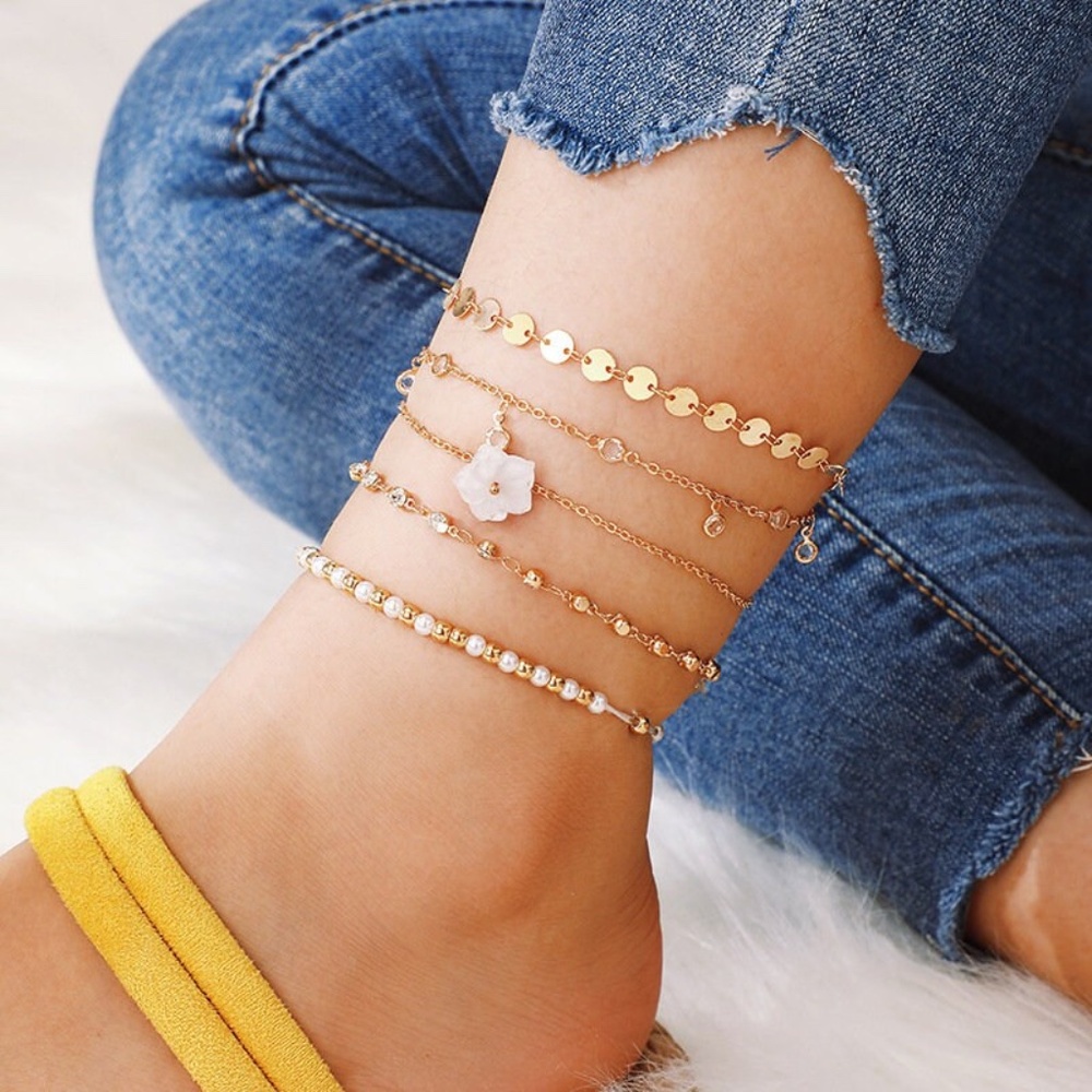 5 Piece Gold Anklet, Flower Pendant, Disc Chain, Bead Anklet Set
